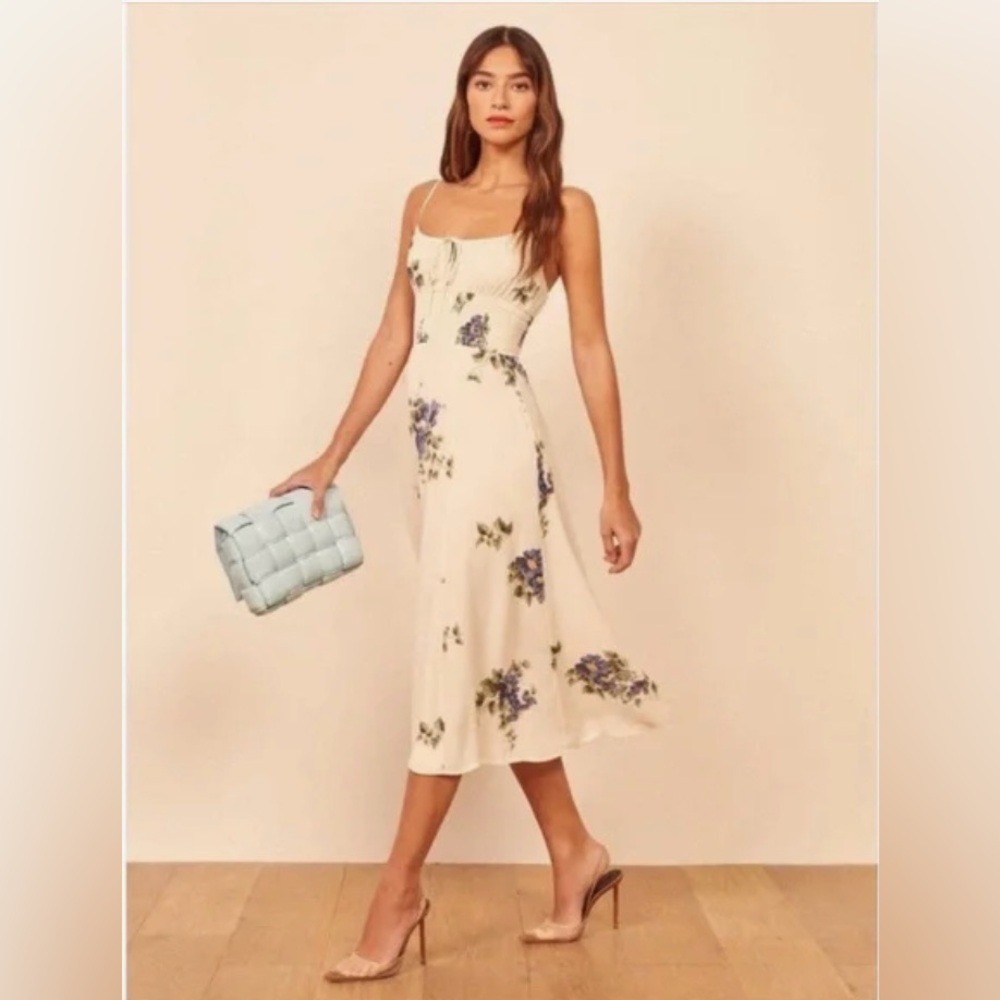 Reformation Bran Dress in Macadamia Blue Floral Pattern Midi
